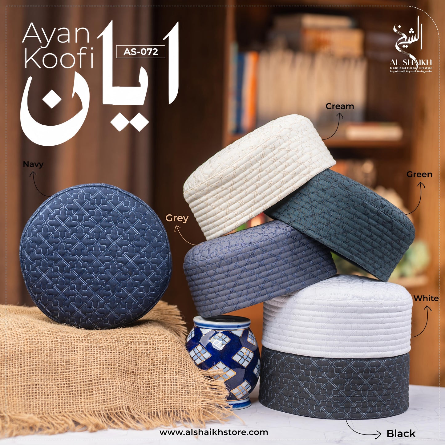 Ayan Kufi navy textured Islamic prayer cap

Ayan Kufi premium stitched kufi cream color

Ayan Kufi breathable Islamic cap green shade

Ayan Kufi white structured prayer topi

Al Shaikh Ayan Kufi black detailed pattern