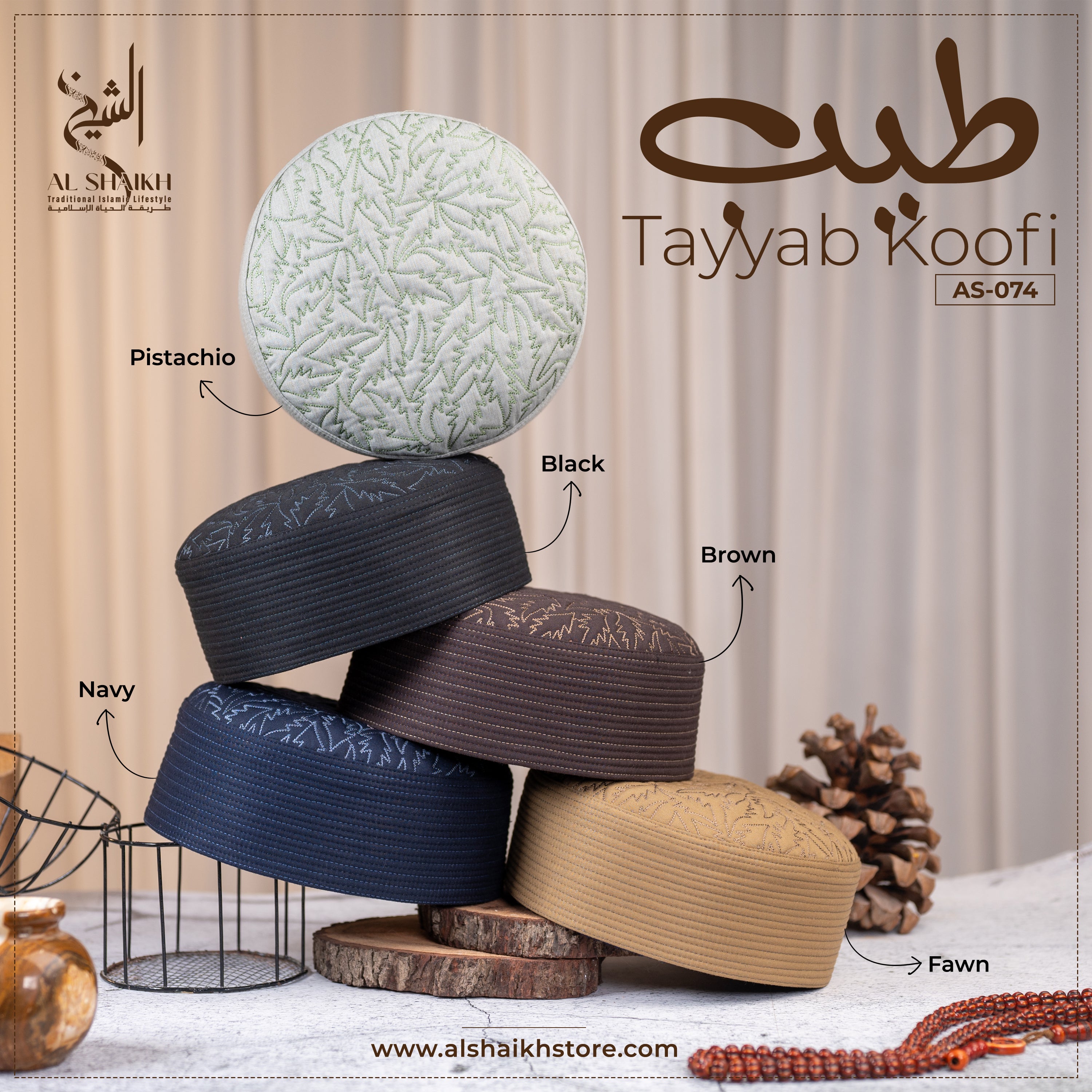Al Shaikh Tayyab Kufi Islamic Cap
Tayyab Kufi prayer cap for men in pistachio, black, brown, navy and fawn
Tayyab Kufi  premium embroidered Islamic prayer cap